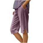 Pantacourt femme en coton lin casual relaxed fit - violet Pantacourt femme en coton lin casual relaxed fit - violet