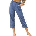 Pantalon femme en lin couleur unie coupe droite casual - bleu