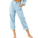 Pantalon femme en lin couleur unie coupe droite casual - bleu ciel