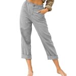 Pantalon femme en lin couleur unie coupe droite casual - gris clair