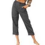Pantalon femme en lin couleur unie coupe droite casual - gris fonce
