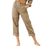 Pantalon femme en lin couleur unie coupe droite casual - kaki