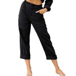 Pantalon femme en lin couleur unie coupe droite casual - noir