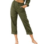 Pantalon femme en lin couleur unie coupe droite casual - vert