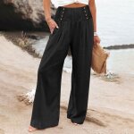 Pantalon large décontracté ecelen pour femme - design à boutons amples - taille haute - noir Pantalon large décontracté ecelen pour femme - design à boutons amples - taille haute - noir