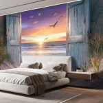Papier pde eint panoramique porte en bois de plage 250x175cm 3d soie photo mer mouette salon enfant chambre ...