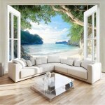 Papier peint 3d panoramique vue la fen�tre sur la plage tropicale peinture vert murale d�cor mural pour ...