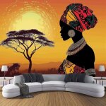 Papier peint coucher de soleil arbre femme africaine 350x256cm 3d poster geant mural photo salon chambre ... Papier peint coucher de soleil arbre femme africaine 350x256cm 3d poster geant mural photo salon chambre ...