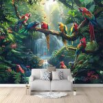 Papier peint effet 3d jungle animal oiseau perroquet cascade photo peintures murales salon tv canap ...