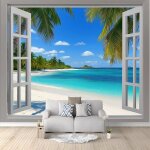 Papier peint mural chambre plage tropicale fenêtre sable palmiers 300x210 cm poster geant mural 3d tableaux ... Papier peint mural chambre plage tropicale fenêtre sable palmiers 300x210 cm poster geant mural 3d tableaux ...