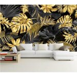 Papier peint mural feuilles tropicales papier peint feuille de bananier noir et or pour chambre � coucher ...