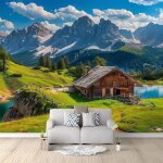 Papier peint mural salon paysage montagne prairie 350x256 cm papier peint panoramique intiss moderne ...