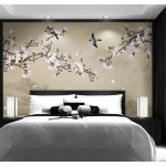 Papier peint panoramique 3d grand nouveau style chinois peint � la main magnolia fleurs oiseaux fond ...