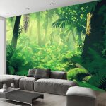 Papier peint panoramique abstraites soie poster plantes vertes jungle geant muralpour salon restaurant ...