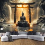 Papier peint panoramique cascade statue 350x256cm photo mural tissu de soie rtro poster 3d pour salon ...