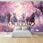 Papier peint panoramique cheval animal sakura rose poster geant mural rose papier peint intiss mural ...