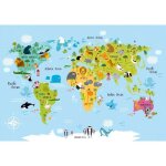 Papier peint panoramique dessin anim� moderne carte du monde animaux mer chambre 350x256cm chambre salon ...