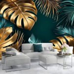 Papier peint panoramique doré vert feuilles 350 x 250 cm (w x h) abstrait toison mur tableaux muraux ... Papier peint panoramique doré vert feuilles 350 x 250 cm (w x h) abstrait toison mur tableaux muraux ...