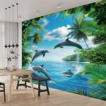 Papier peint panoramique feuilles de dauphin de mer 250x175cm poster geant mural pour salon chambre denfants ...