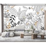 Papier peint panoramique feuilles florales noir et blanc papier peint 3d soie tapisserie poster salon ...