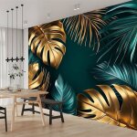 Papier peint panoramique feuilles tropicales vertes poster tableaux muraux utilis� pour chambre or denfant ...