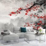 Papier peint panoramique fleur de cerisier florale 350x256 cm poster geant mural pour salon d�coration ...