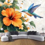 Papier peints panoramique floral poster geant mural 3d colibri hibiscus papier peintpour salon chambre ...