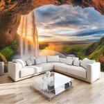 Papier peint panoramique grotte cascade vue sur le coucher de soleil 3d soie murale 396x280cm (l�h) tapisserie ...
