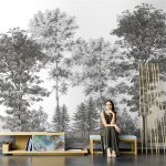 Papier peint panoramique papier peint mural dart darbre noir et blanc pastoral 3d salon fond de t�l�vision ...