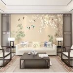 Papier peint panoramique nouveau canap� fleur et oiseau peint � la main de style chinois fond de t�l�vision ...