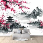 Papier peint panoramique peinture  lencre photo murale - fleurs de cerisier japonais sur fond blanc ...