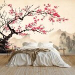 Papier peint panoramique peinture � lencre fleurs de cerisier poster geant mural 300x210 cm pour salon ...