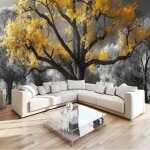 Papier peint panoramique planter fort soie400x 280cm poster geant mural de grands arbres aux feuilles ...