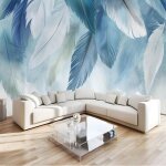 Papier peint panoramique plumes abstraites soie350 256 cm (wh) poster geant mural plumes bleues 3d ...