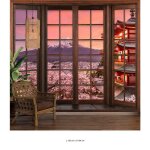 Papier peint panoramique trompe loeil fen�tre en bois - lumal�a - mont fuji japon - largeur 130 cm x ...