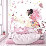 Papier peint photo chambre denfant f�e fleurs papillons filles rose enfants 350x250cm pour papier peint ...