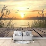 Papier peint soie panoramique coucher de soleil sur un lac naturel 350x256 cm poster g�ant or pour salon ...