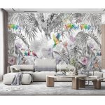 Papier peint soie panoramique jungle 410x280cm for�t tropicale perroquet bambou tapisserie peinture murale ...
