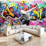 Papier peint street art graffiti color� hip - hop 3d panoramique murale salon 350x256 cm papier peint ...