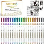 Paquet de 30 stylos marqueurs m�talliques24 couleurs stylos � pointe fine avec 6 pochoirs pour bricolage ...