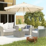 Parasol hexagonale inclinable avec manivelle � franges style boh�me 8 baleines � 265 x 244h cm cr�me