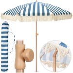 Parasol de plage pliant - ambiance - 198 cm - upf 30 + - blanc et bleu - franges beiges - structure acier ...