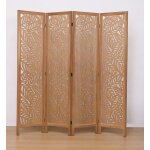 Paravent ajour� s�parateur de pi�ce en bois avec motifs feuille 4 pans coloris brun clair - hauteur 170 ...