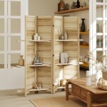 Paravent int�rieur en bois 4 panneaux 160 x 170 cm s�parateur de pi�ce pliable avec 3 �tag�res bois naturel ...