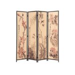 Paravent japonais en bois et bambou 4 pans avec dessin coloris noir - hauteur 175 x largeur 176 x profondeur ...
