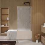 Pare baignoire pivotant 140x80 cm hinata - style japandi gomtrique - cadre effet bois - verre 5 mm