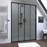 Porte de douche double coulissant 140x200 cm - verre transparent - profil noir - crush