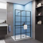 Paroi de douche italienne noir 140x200 cm verre color� 8mm anticalcaire + �tag�re alu 140 cm + barre ...