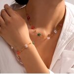Parure acier inoxydable fleur dore perle tendance accesoire mode collier pendentif bracelet