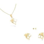 Parure bijoux - enfant - dauphin - cristal - blanc - bijou de crateur - or jaune gf 750 * - 4 pices ...